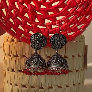 Antique Silver Jhumka Earrings with Red Beads - Traditional Indian Ethnic Jewelry