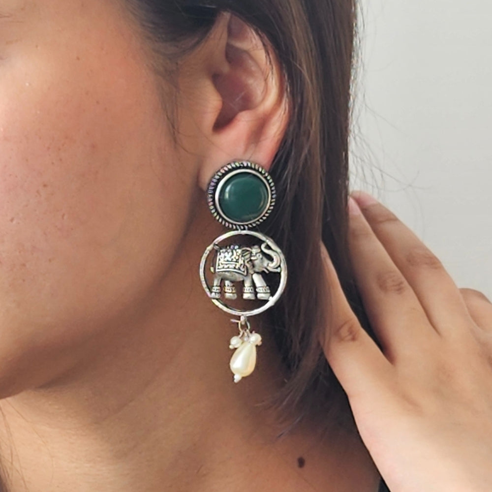 Green Stone Earrings with Elephant Motif and Pearl Drops - Traditional Indian Ethnic Jewelry