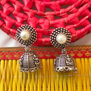 Pearl and Silver Jhumka Earrings - Traditional Indian Ethnic Jewelry