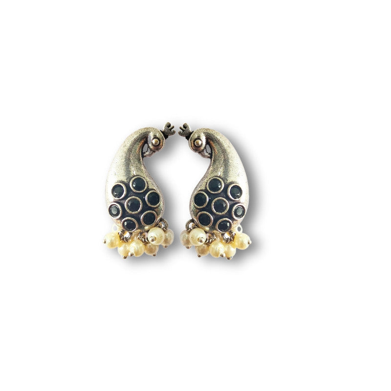 Antique Peacock Earrings with Black Stones and Pearl Drops - Traditional Indian Jewelry