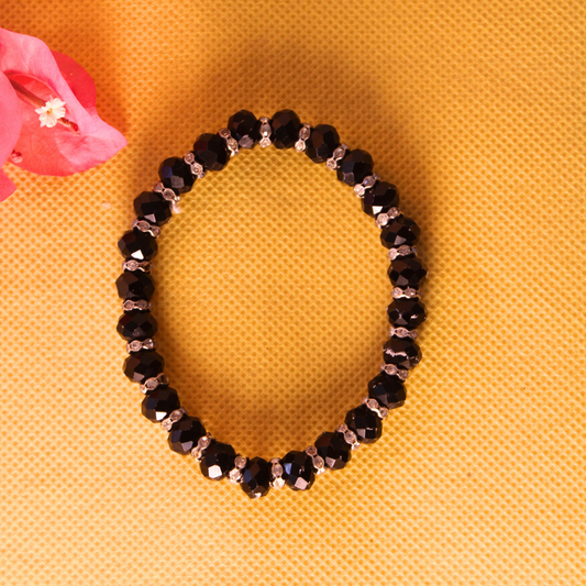 Black Beaded Bracelet with Silver Accents - Handmade Fashion Jewelry