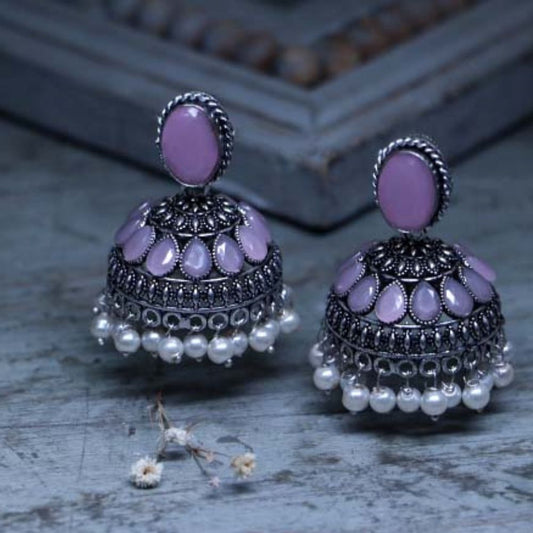 Handcrafted Oxidized Pink Jhumka Earrings