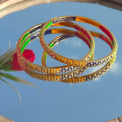 Colorful Gold Plated Bangles Set with Intricate Patterns - Traditional Indian Jewelry