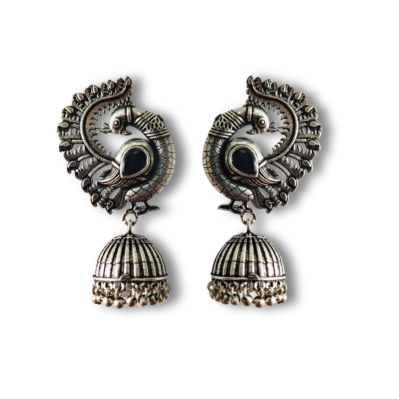 Antique Silver Peacock Jhumka Earrings - Traditional Indian Ethnic Jewelry