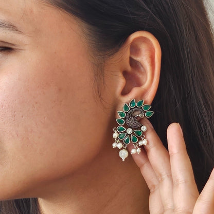 Green Peacock Earrings with Pearl Drops - Traditional Indian Ethnic Jewelry