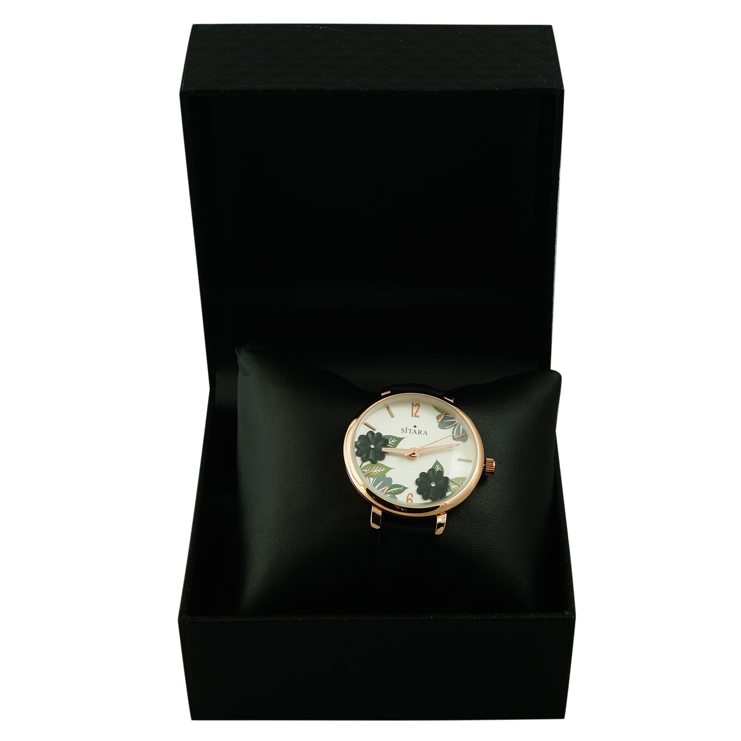 Floral Ele Black Strap Watch