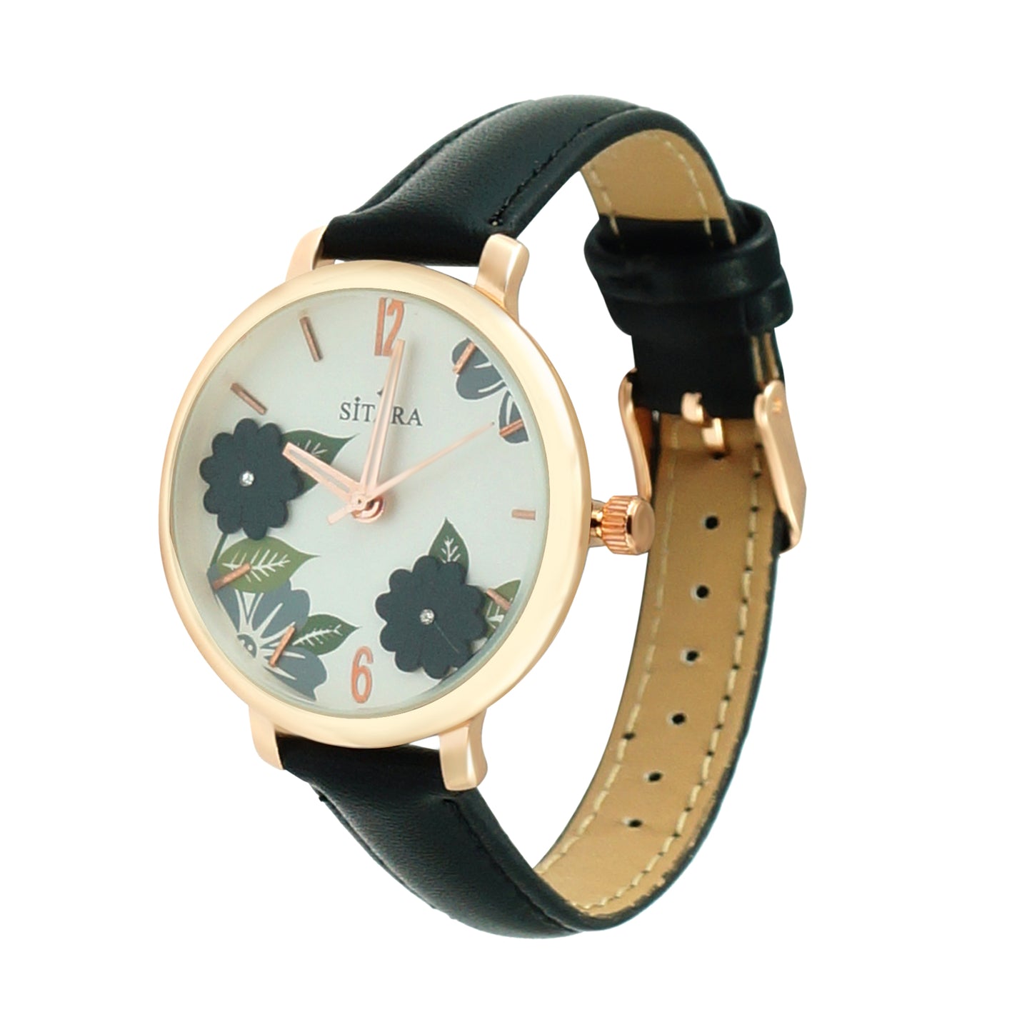 Floral Ele Black Strap Watch