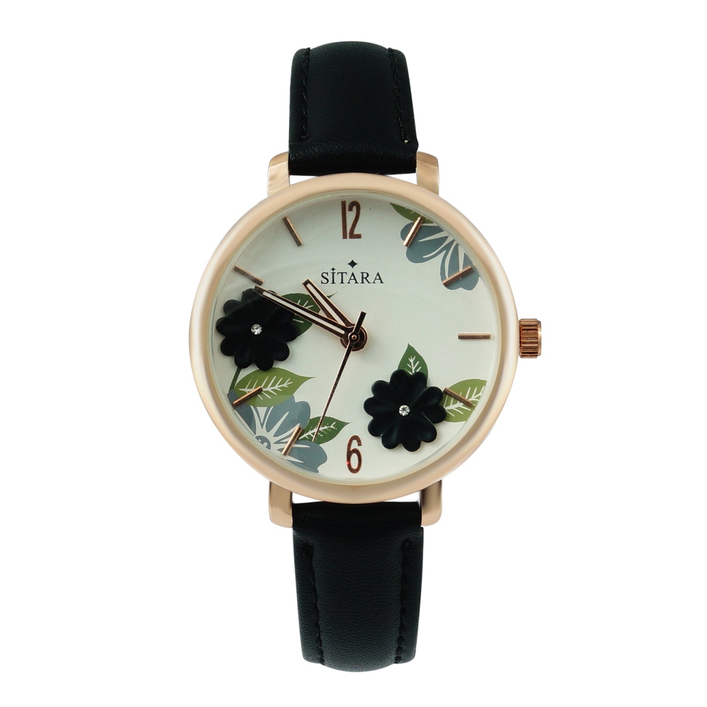 Floral Ele Black Strap Watch