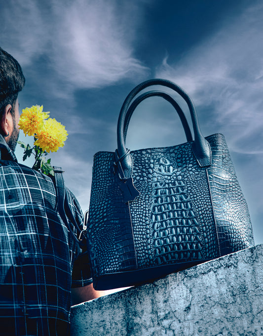 Navy Crocodile Satchel Leather Bag