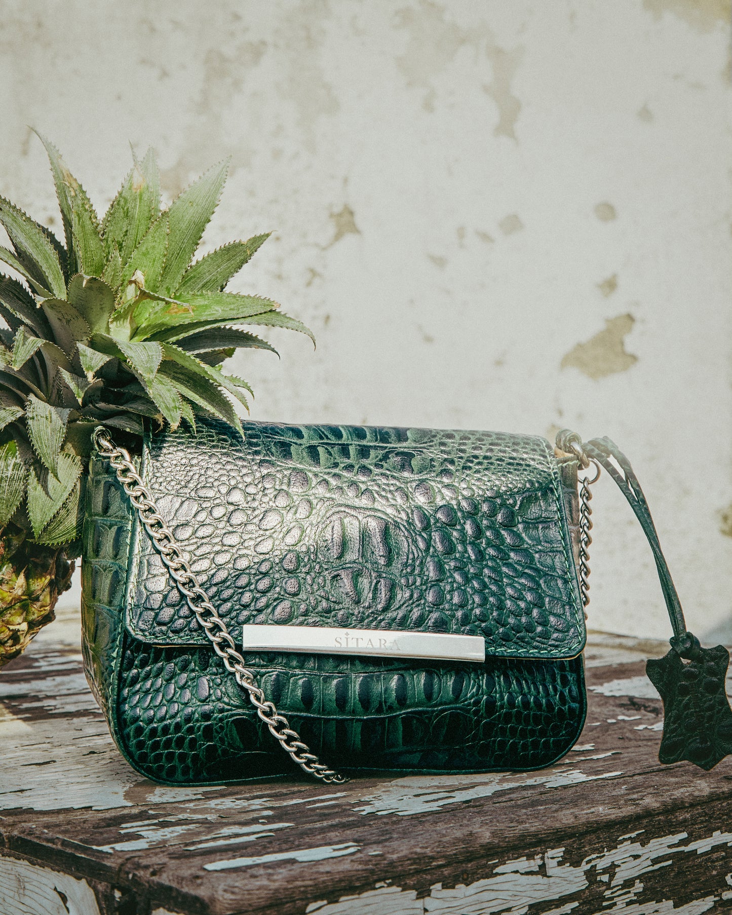 Crocodile Print Leather Chain Sling Bag