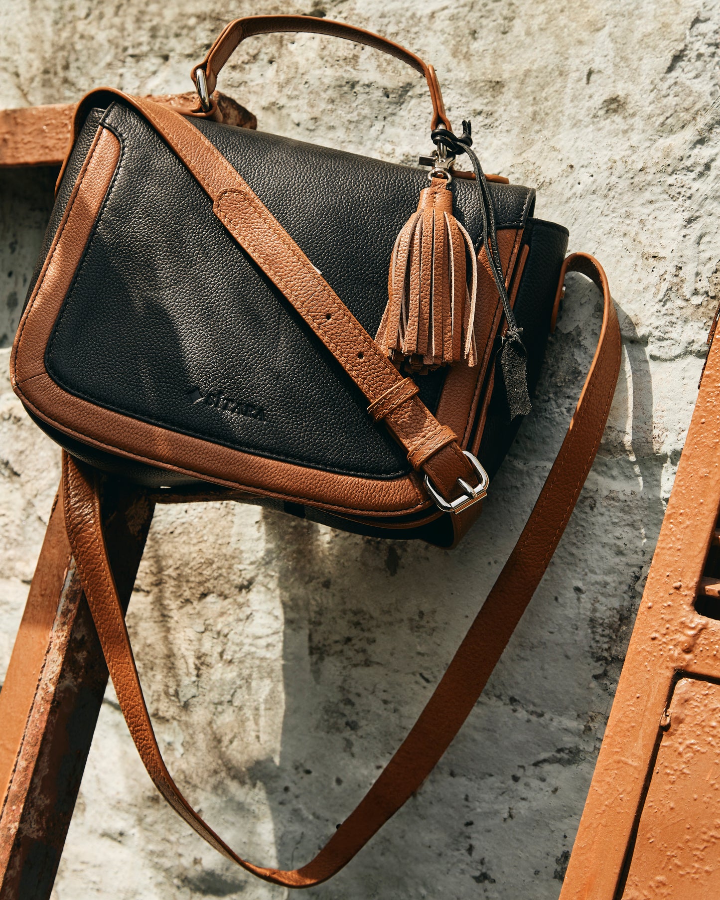 Black and Tan Leather Saddle Bag