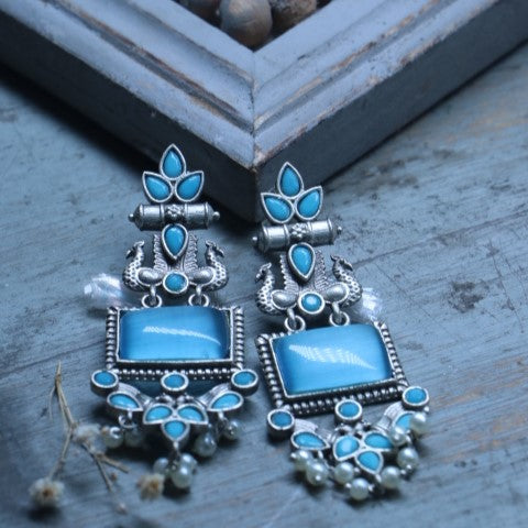 Handcrafted Oxidized Blue Stone Earrings