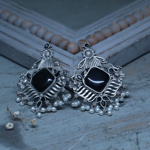 Handcrafted Oxidized Black Square Stone Earrings