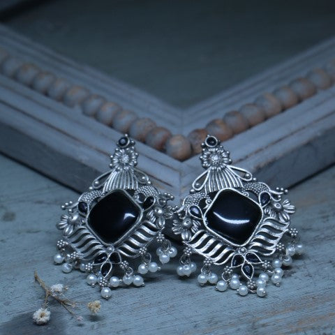 Handcrafted Oxidized Black Square Stone Earrings