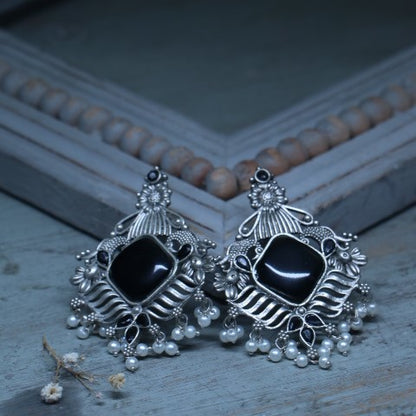 Handcrafted Oxidized Black Square Stone Earrings