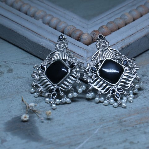 Handcrafted Oxidized Black Square Stone Earrings