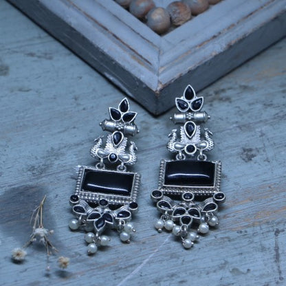 Handcrafted Oxidized Black Rectangle Stone Earrings