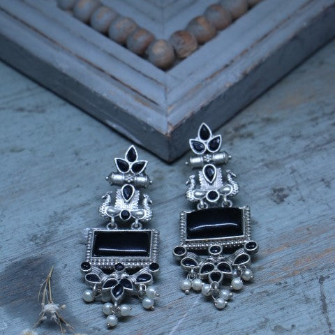 Handcrafted Oxidized Black Rectangle Stone Earrings