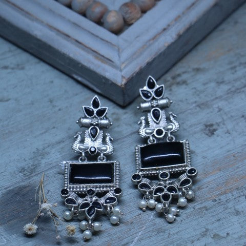 Handcrafted Oxidized Black Rectangle Stone Earrings