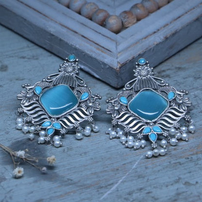 Handcrafted Oxidized Blue Square Stone Earrings