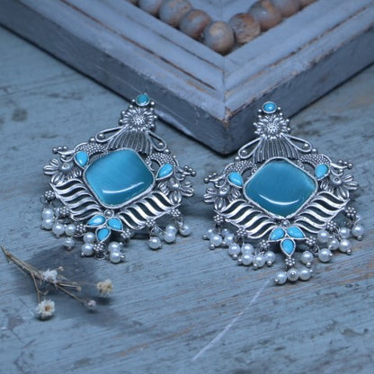 Handcrafted Oxidized Blue Square Stone Earrings