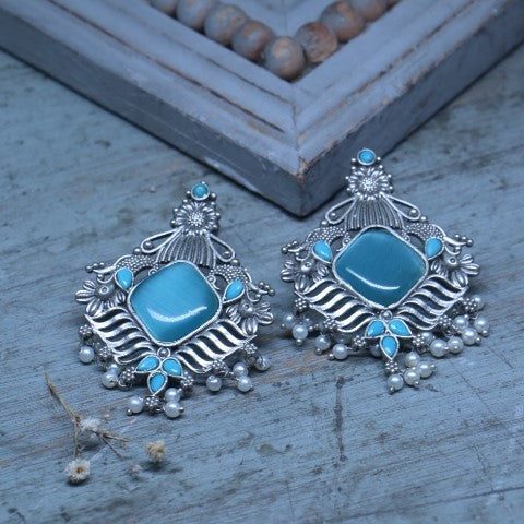 Handcrafted Oxidized Blue Square Stone Earrings