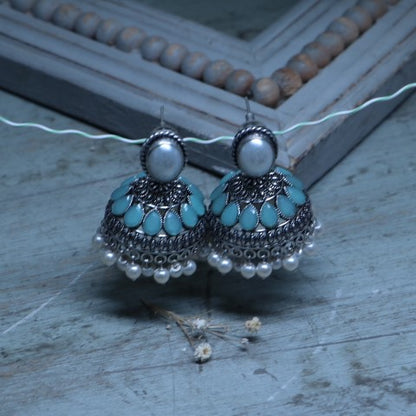 Handcrafted Oxidized Blue Jhumka Earrings