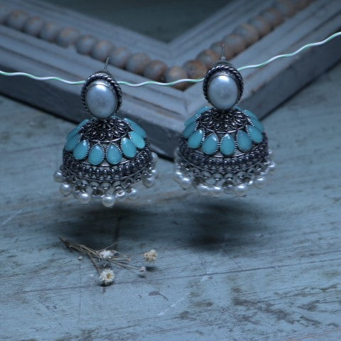 Handcrafted Oxidized Blue Jhumka Earrings