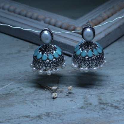 Handcrafted Oxidized Blue Jhumka Earrings