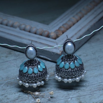 Handcrafted Oxidized Blue Jhumka Earrings