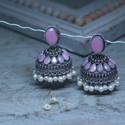 Handcrafted Oxidized Pink Jhumka Earrings