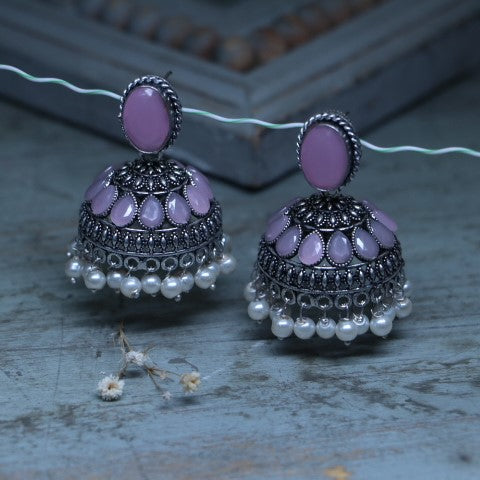 Handcrafted Oxidized Pink Jhumka Earrings