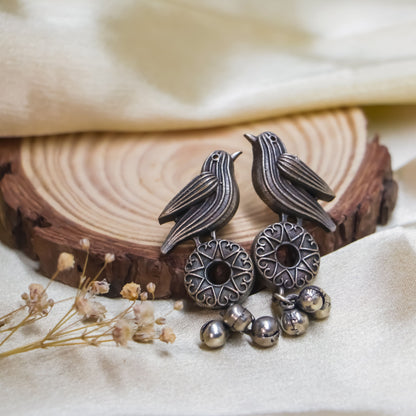 Antique Silver Bird and Floral Stud Earrings