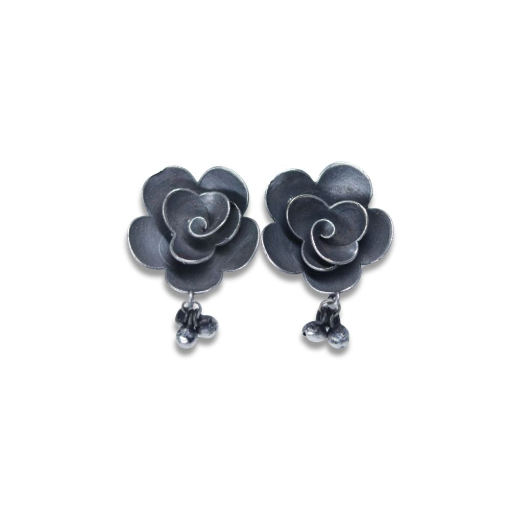 Handcrafted Silver Rose Earrings with Bells