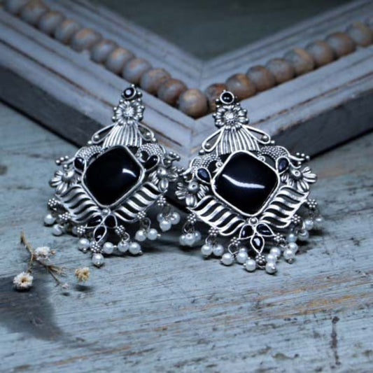 Handcrafted Oxidized Black Square Stone Earrings