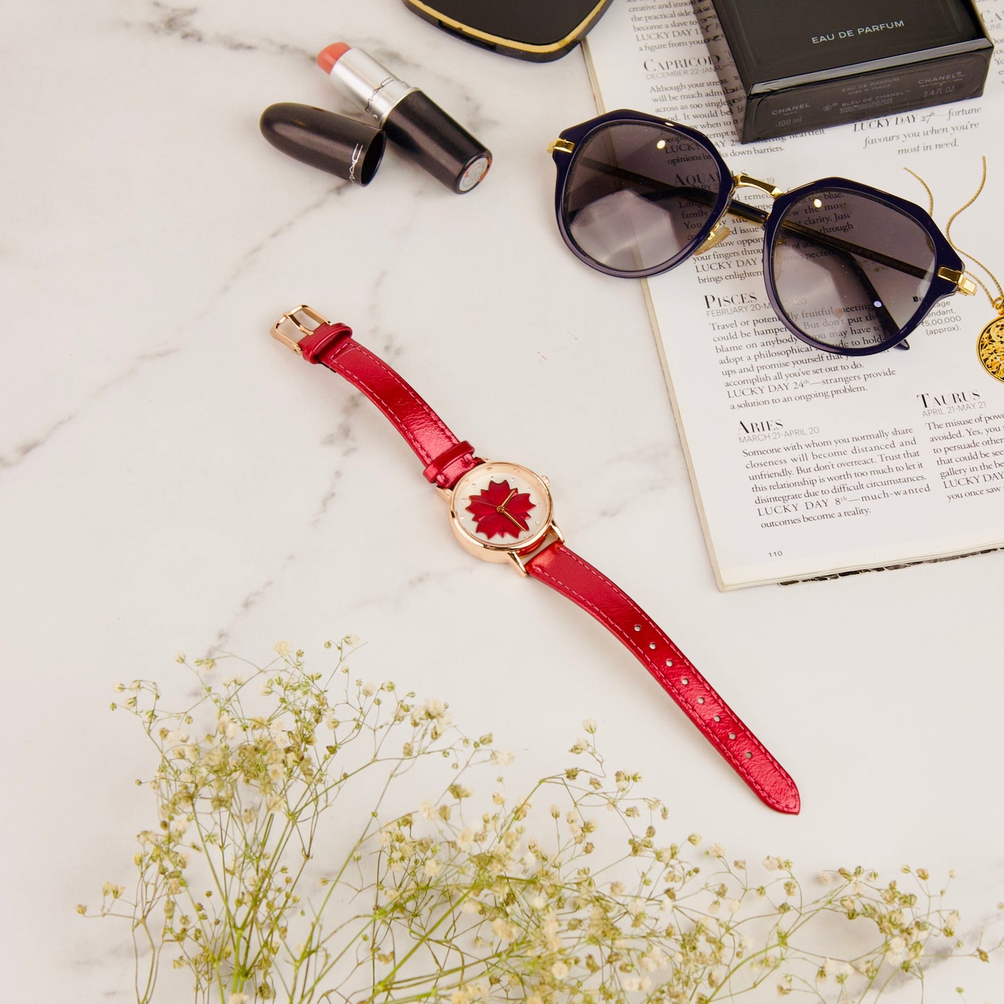 Flower Burgundy Strap Watch