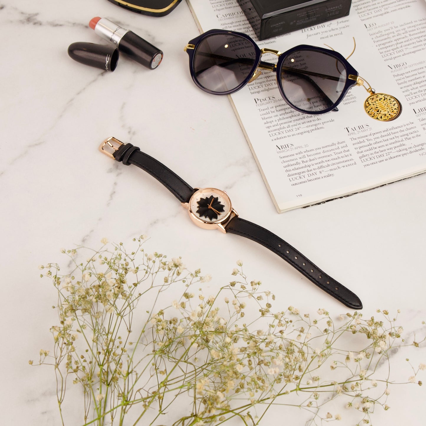 Flower Black Strap Watch