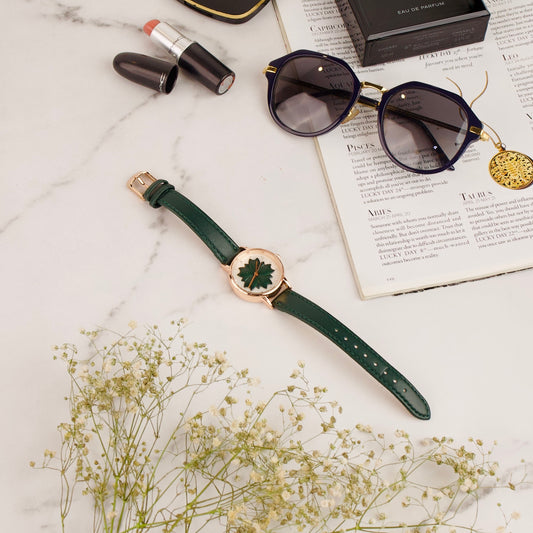 Flower Dark Green Strap Watch