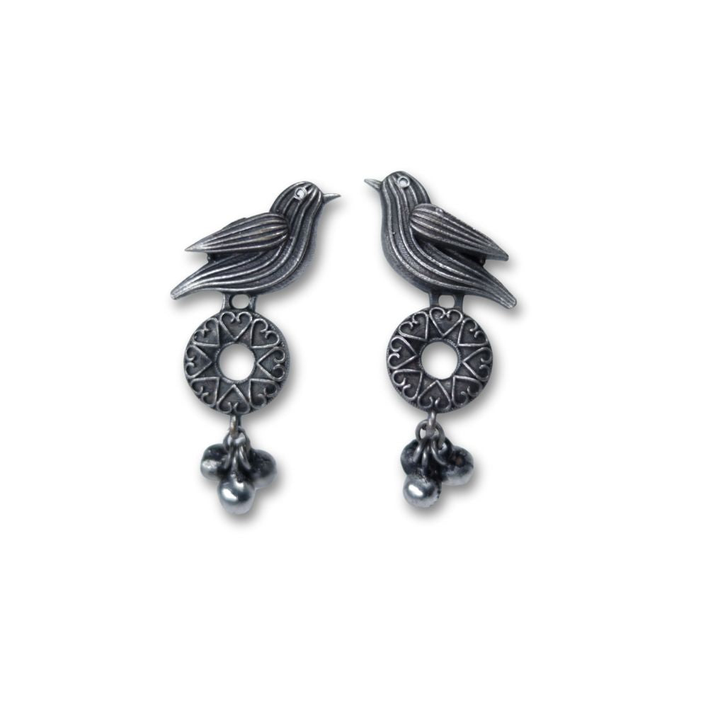 Antique Silver Bird and Floral Stud Earrings